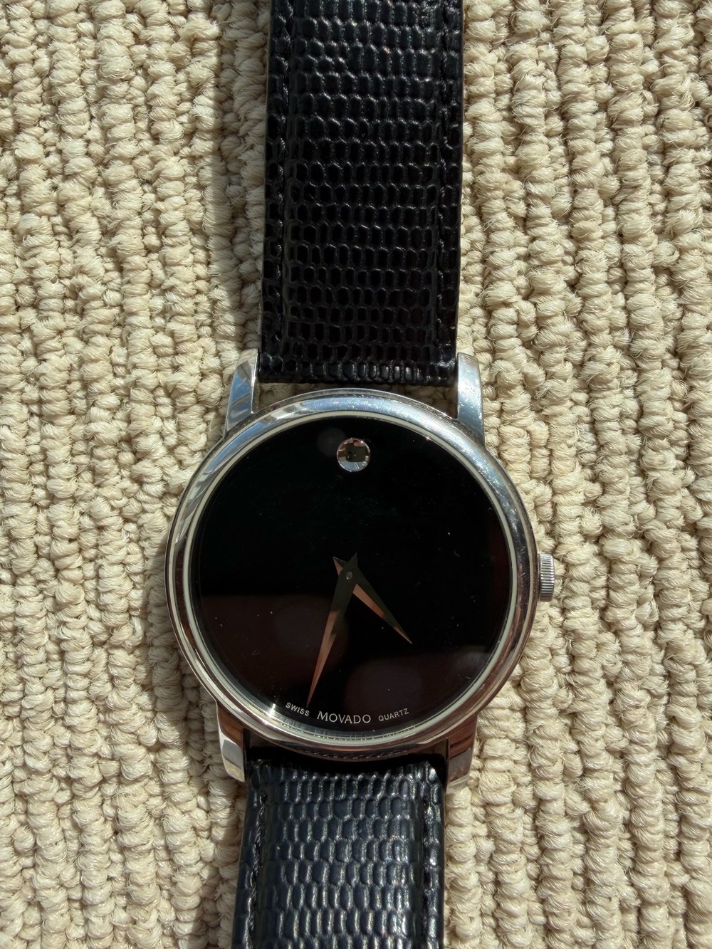 Movado Black Dial Silver Case Leather Strap Watch